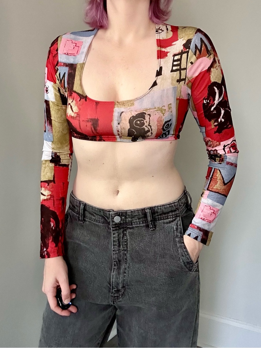 Vintage Y2K Joule Basquiat-Inspired Printed Upcycled L/S Ultra Crop Top